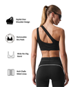 Woman wearing a black sports bra and leggings with feature icons on a white background