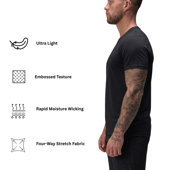 Man wearing a black t-shirt with fabric feature icons on a white background