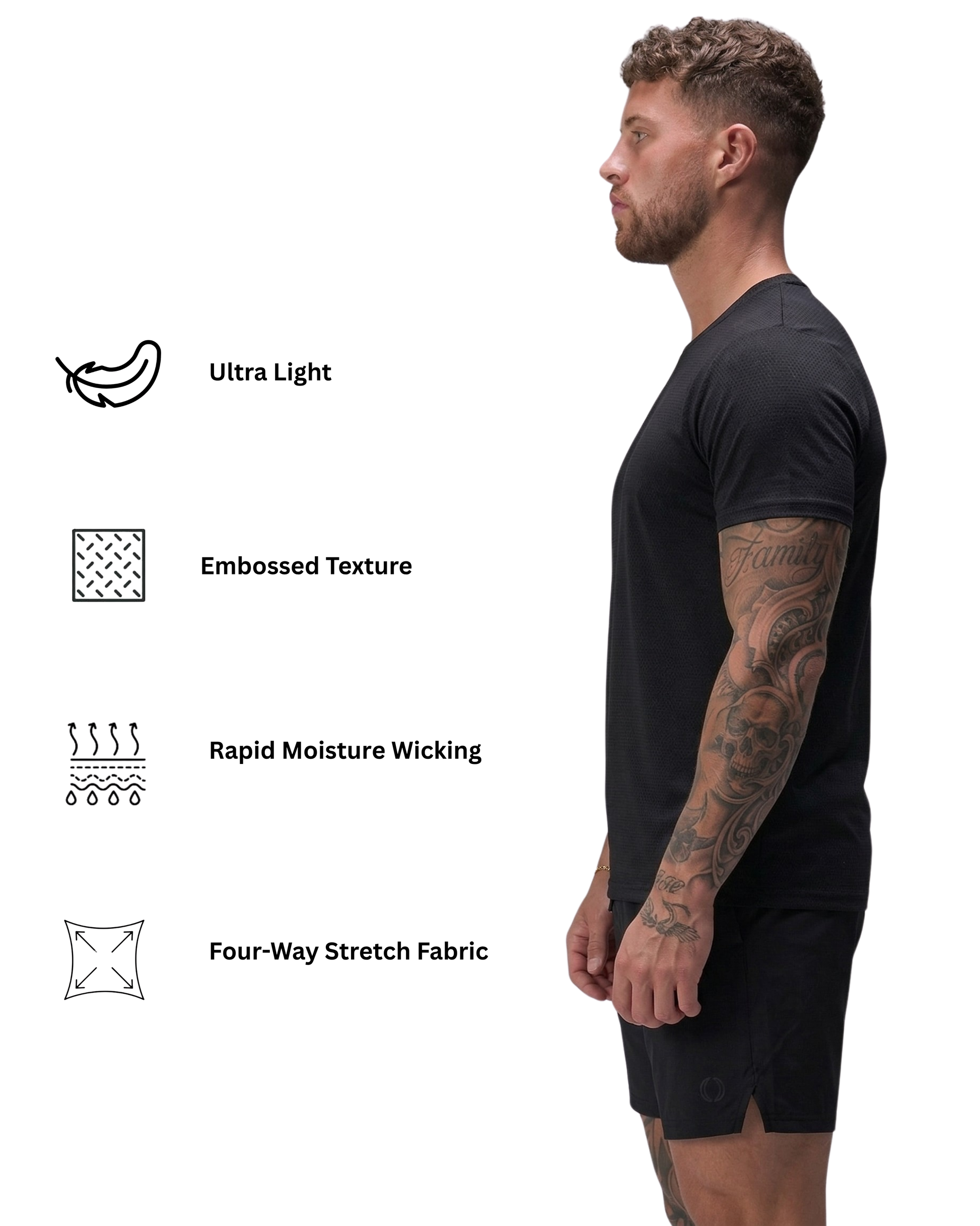 Man wearing a black t-shirt with fabric feature icons on a white background