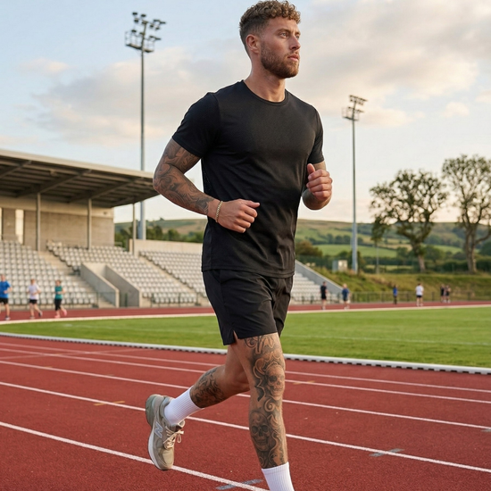 Man running on a track with stadium seats and greenery in the background