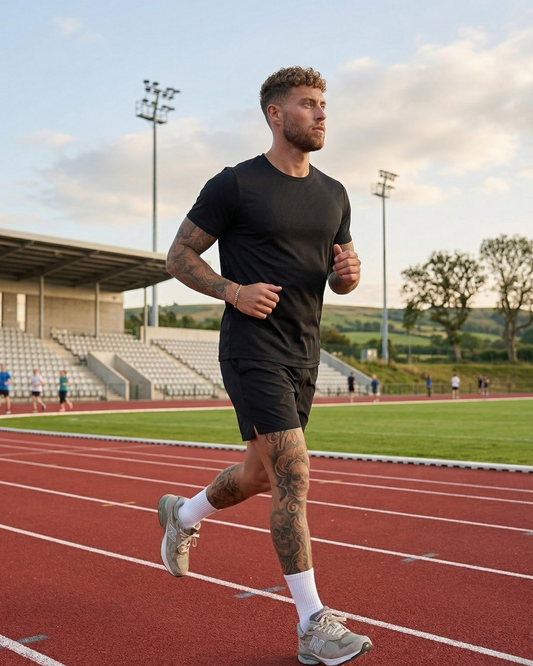 Man running on a track with stadium seats and greenery in the background