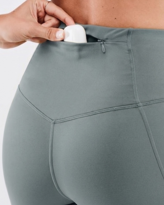 Women’s petrol blue activewear tights back view