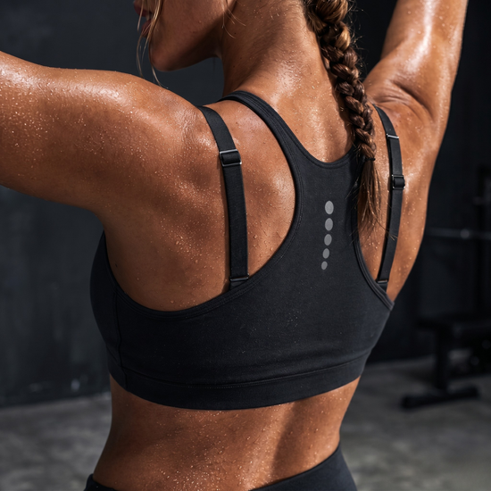 Quick dry black sports bra fabric detail
