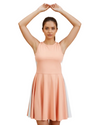 Woman wearing a peach dress with a white stripe on a white background