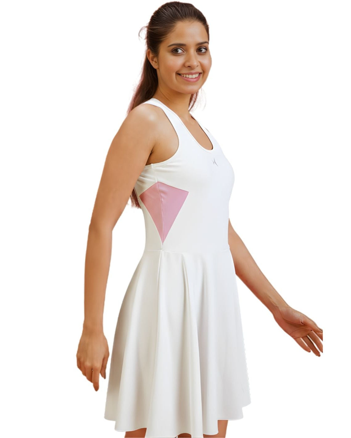Woman wearing a white dress with pink accents on a white background
