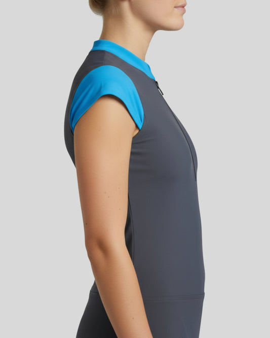 Gray athletic dress with blue sleeves on a plain background