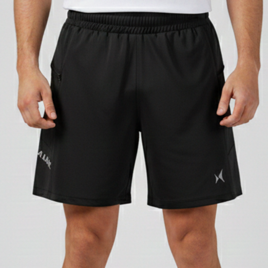Black athletic shorts with a brand logo on a plain background