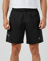 Black athletic shorts with a brand logo on a plain background
