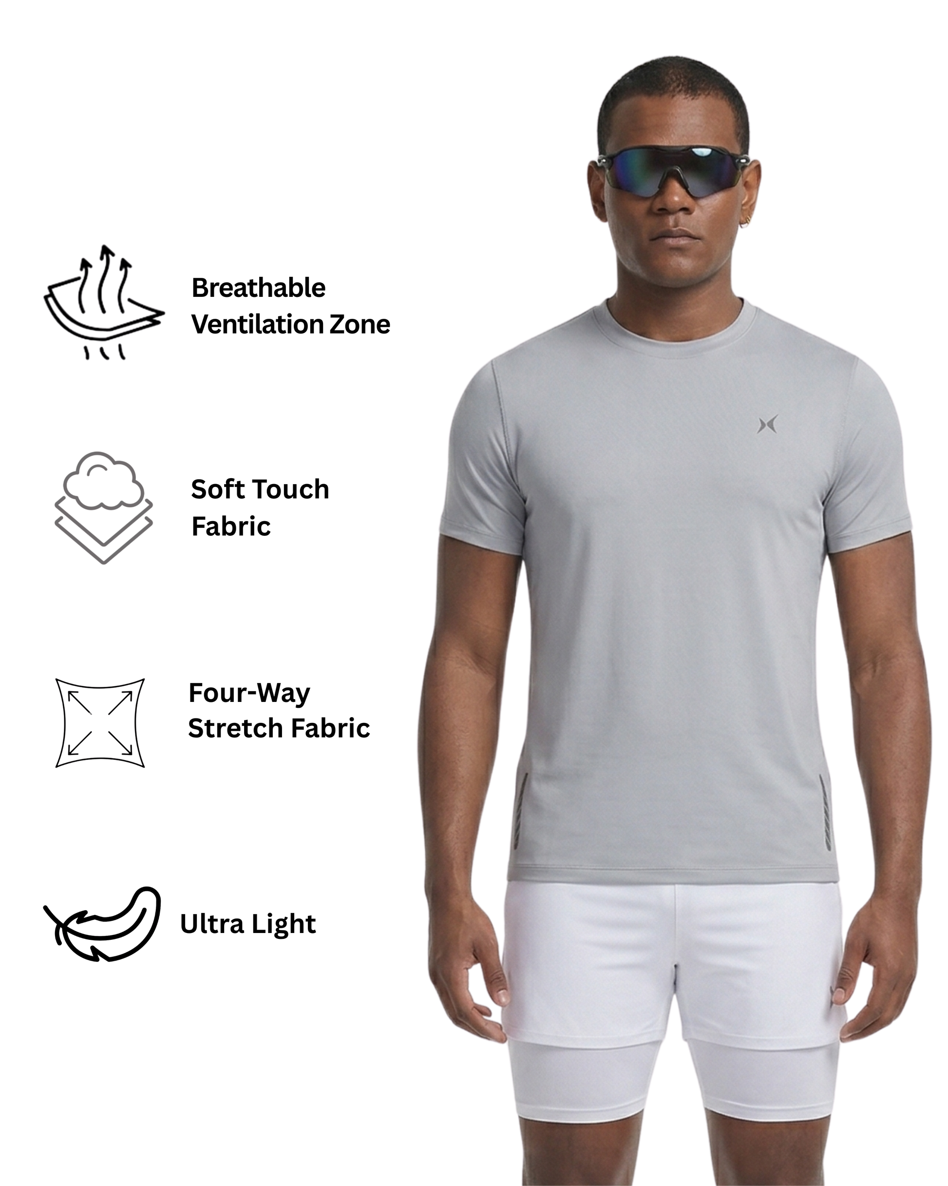 Man wearing a gray t-shirt and white shorts with text on fabric features.