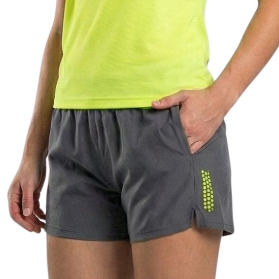 Person wearing gray shorts with a green accent on a white background