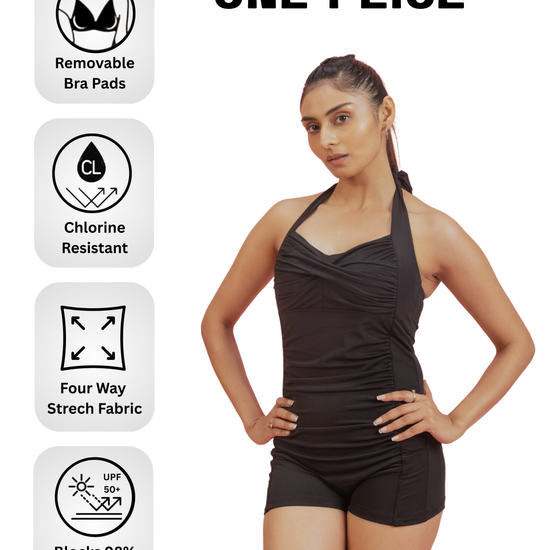 Woman wearing a black one-piece swimsuit with product features displayed on the left.