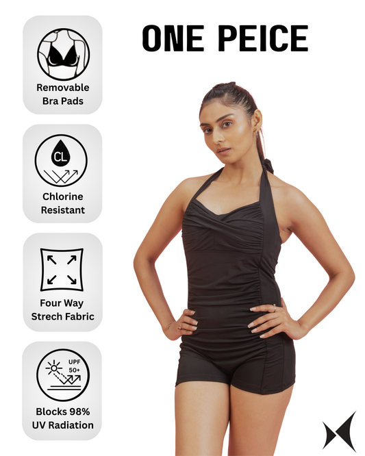Woman wearing a black one-piece swimsuit with product features displayed on the left.