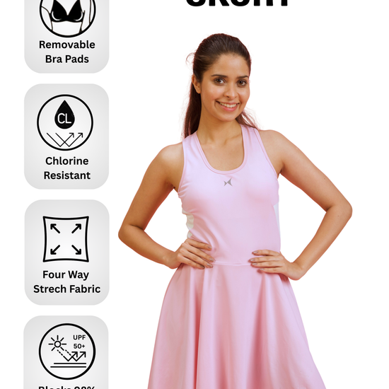 Woman wearing a pink skort with features highlighted on a white background
