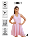 Woman wearing a pink skort with features highlighted on a white background