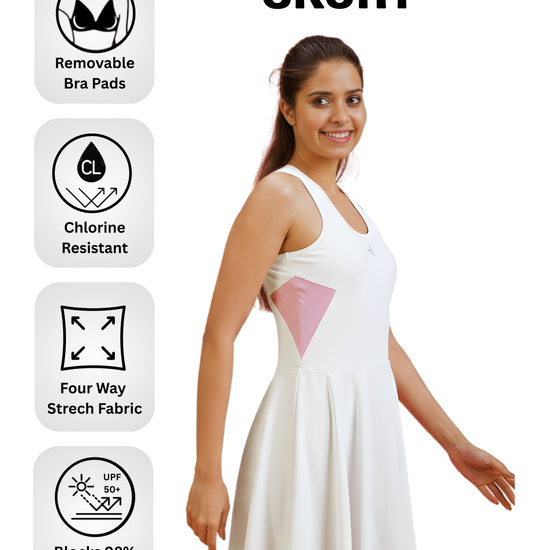 Woman wearing a white skort with features highlighted on a white background