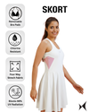 Woman wearing a white skort with features highlighted on a white background