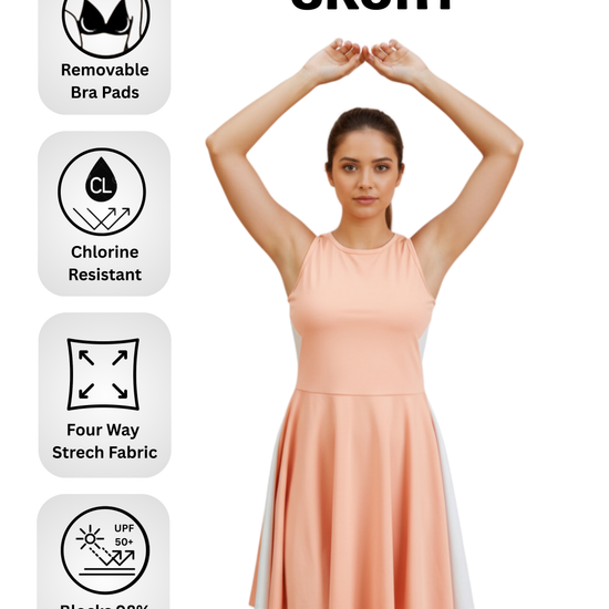Woman wearing a peach-colored skort with product features displayed on a white background