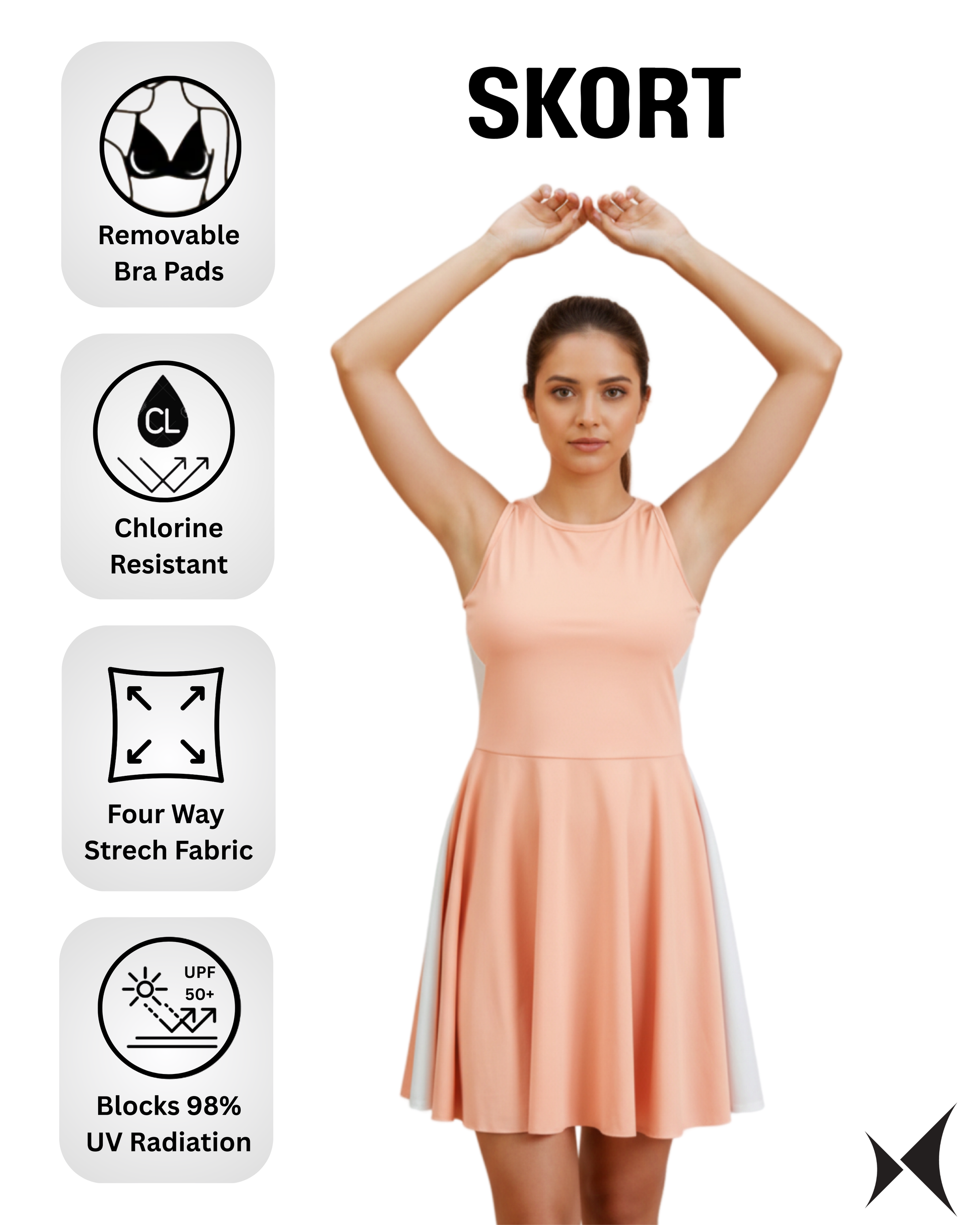 Woman wearing a peach-colored skort with product features displayed on a white background