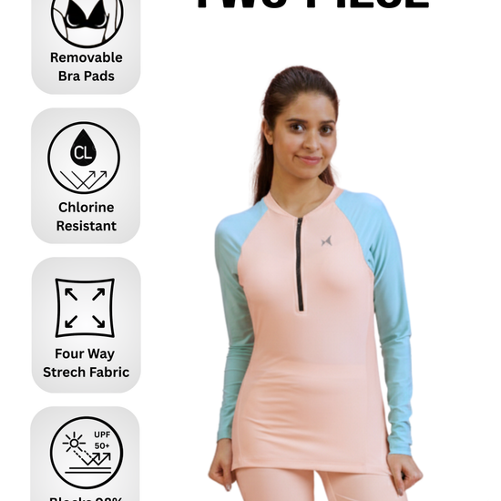Woman wearing a two-piece swimsuit with features highlighted on a white background