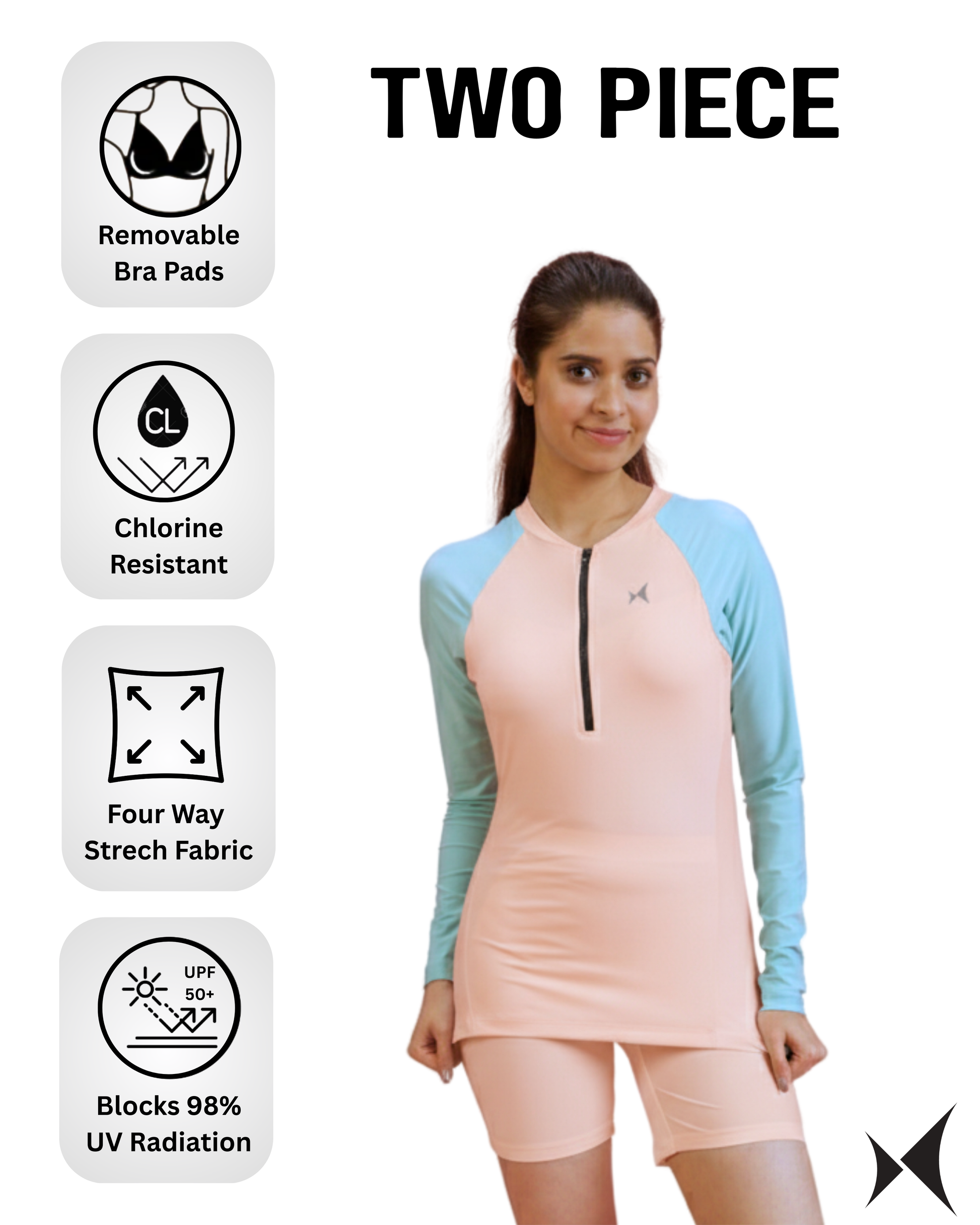 Woman wearing a two-piece swimsuit with features highlighted on a white background