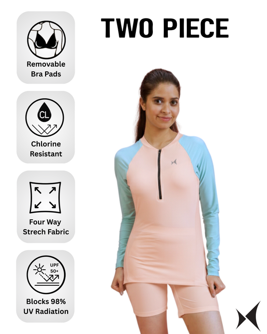 Woman wearing a two-piece swimsuit with features highlighted on a white background