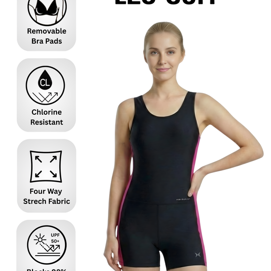 Woman wearing a black and pink leg suit with features highlighted on a white background