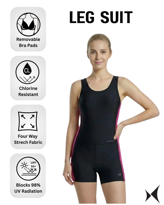 Woman wearing a black and pink leg suit with features highlighted on a white background