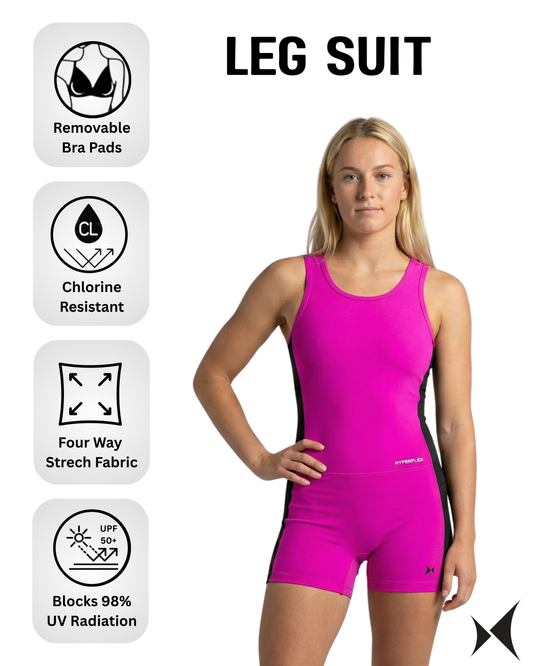 Woman wearing a pink leg suit with features highlighted on a white background