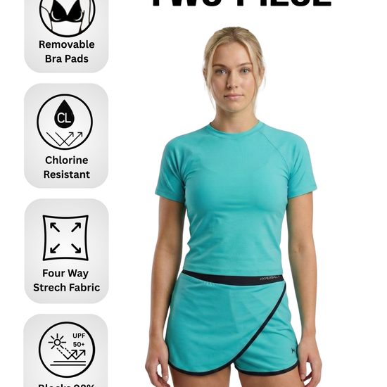 Woman wearing a two-piece athletic outfit with product features highlighted on a white background.