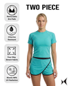 Woman wearing a two-piece athletic outfit with product features highlighted on a white background.