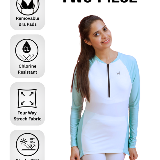 Woman wearing a two-piece athletic outfit with text and icons indicating features like removable bra pads, chlorine resistance, and UV radiation blocking.