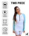 Woman wearing a two-piece athletic outfit with text and icons indicating features like removable bra pads, chlorine resistance, and UV radiation blocking.