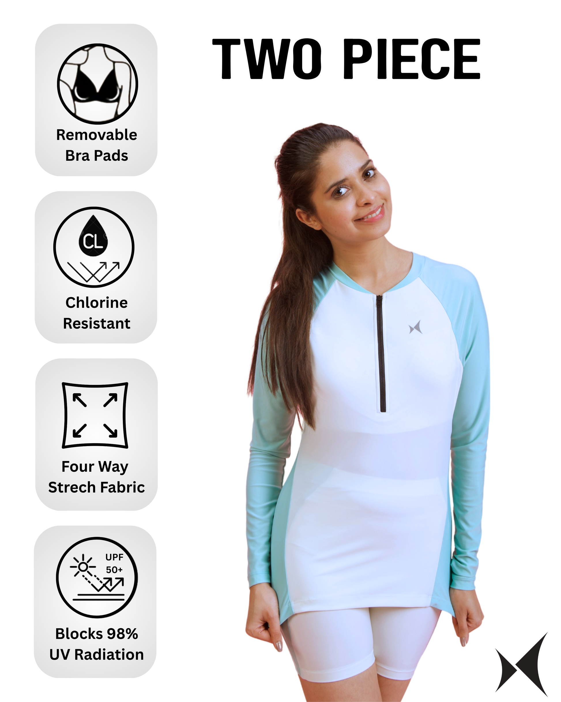 Woman wearing a two-piece athletic outfit with text and icons indicating features like removable bra pads, chlorine resistance, and UV radiation blocking.