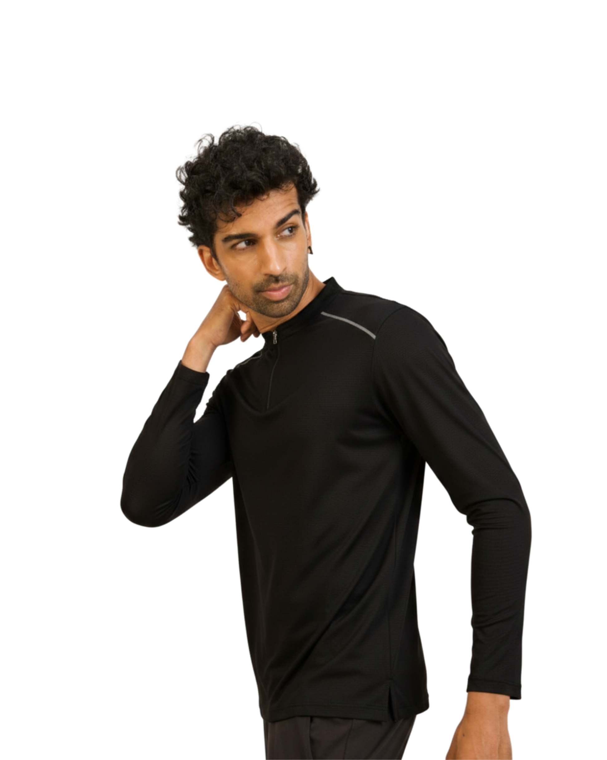 Man wearing a black long-sleeve shirt on a white background