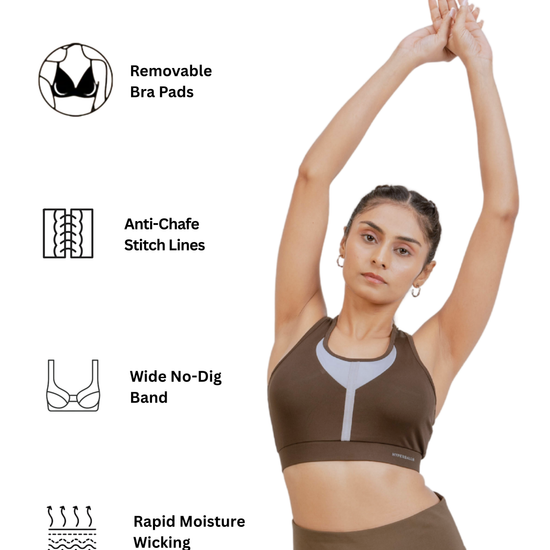 Woman wearing a brown sports bra and leggings with product features listed on the left.