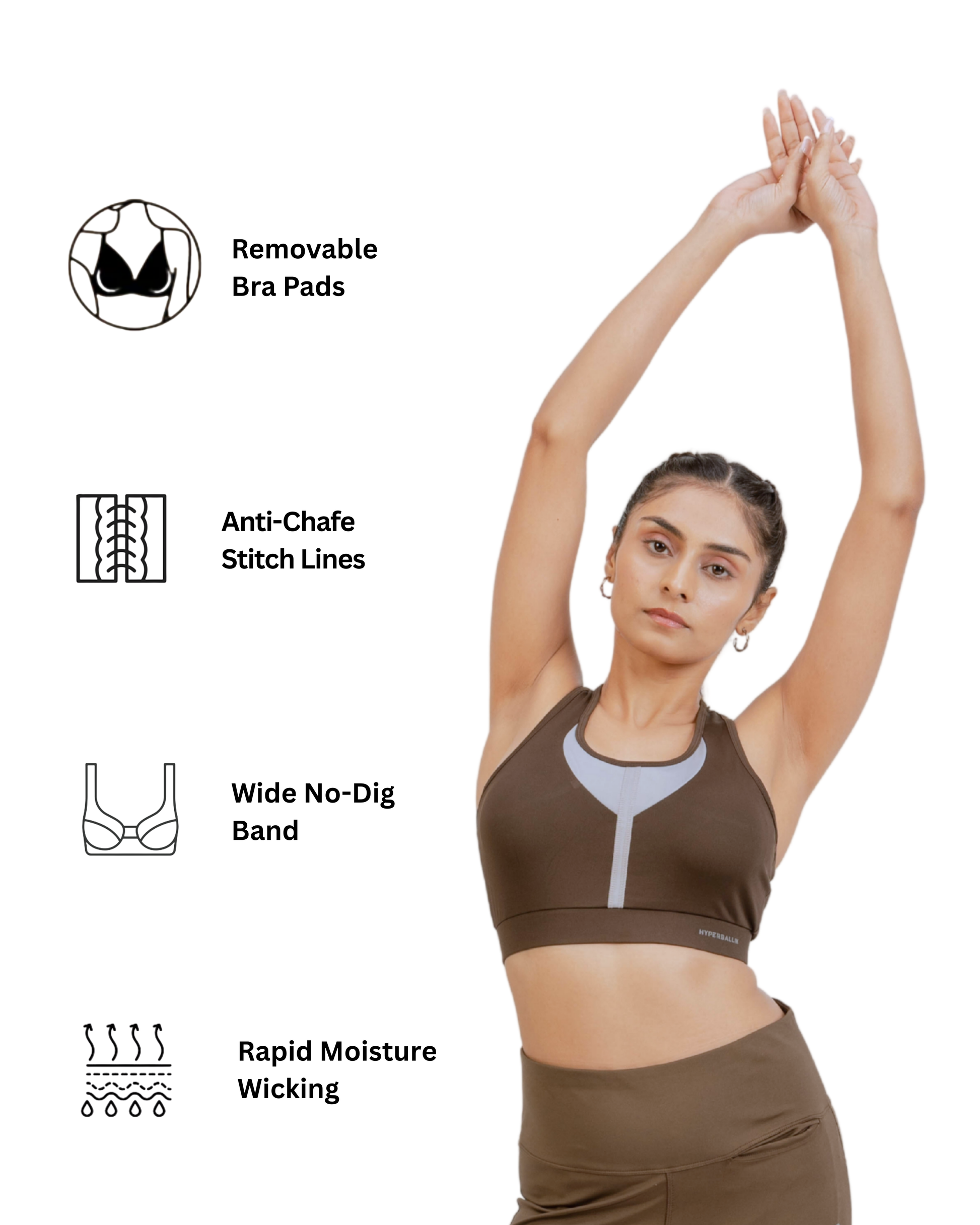 Woman wearing a brown sports bra and leggings with product features listed on the left.