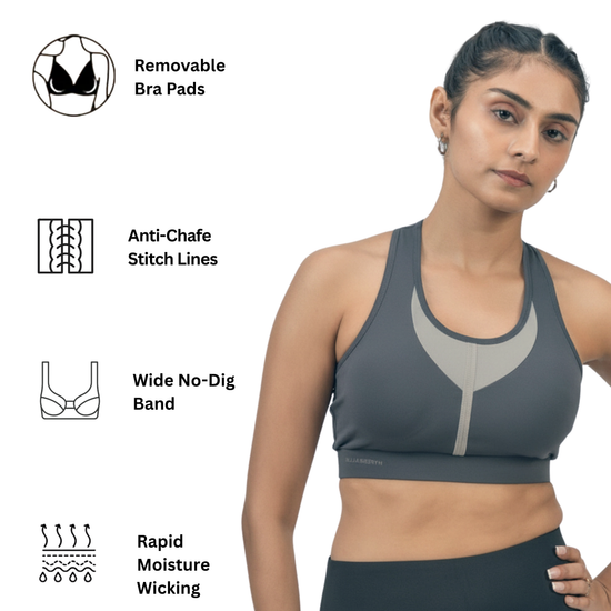 Woman wearing a sports bra with features highlighted on the left side.
