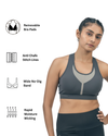 Woman wearing a sports bra with features highlighted on the left side.