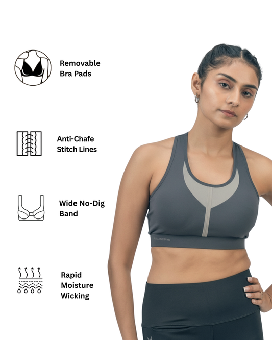 Woman wearing a sports bra with features highlighted on the left side.