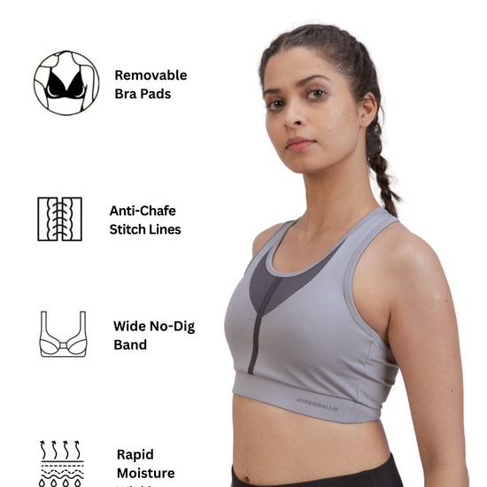 Woman wearing a gray sports bra with feature icons on a white background