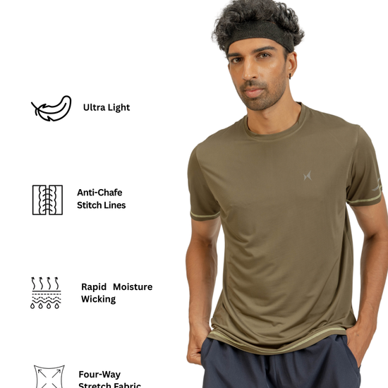 Man wearing a green athletic shirt with feature icons on a white background