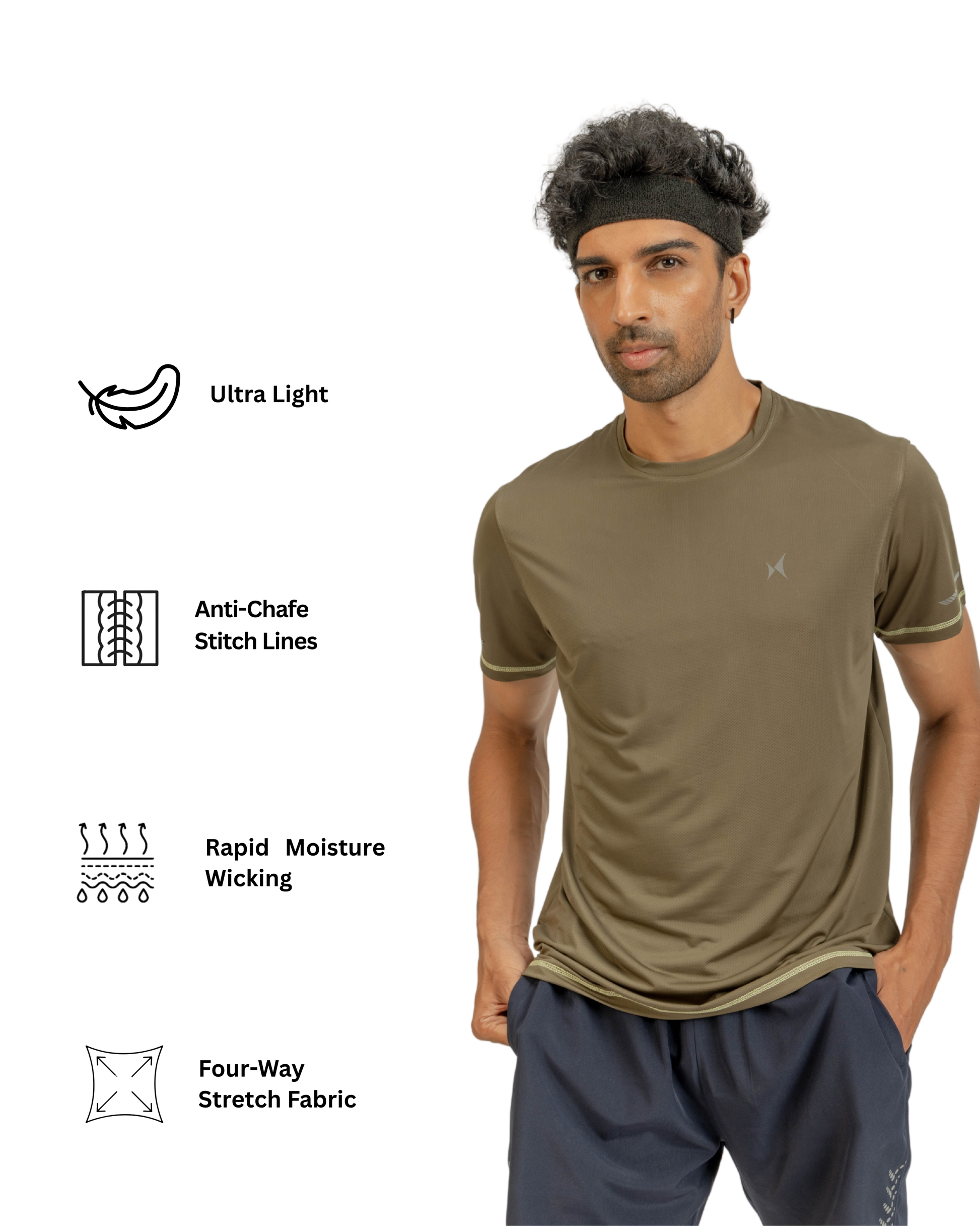 Man wearing a green athletic shirt with feature icons on a white background