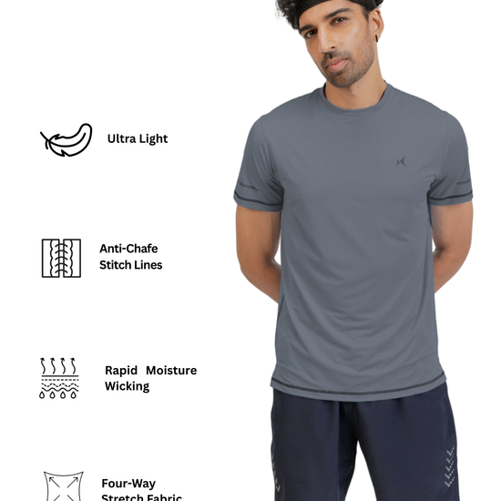 Man wearing a gray t-shirt and navy shorts with fitness feature icons on a white background