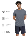 Man wearing a gray t-shirt and navy shorts with fitness feature icons on a white background