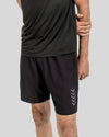 Person wearing black athletic shorts with a logo on a plain background