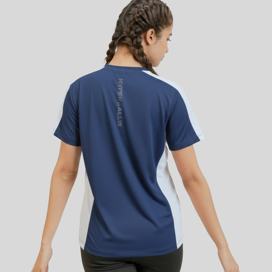 Person wearing a blue and white sports shirt with text on the back against a plain background