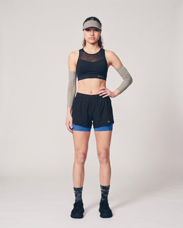 Combo Double Strap Sports Bra Black and Two Layered Shorts Blue
