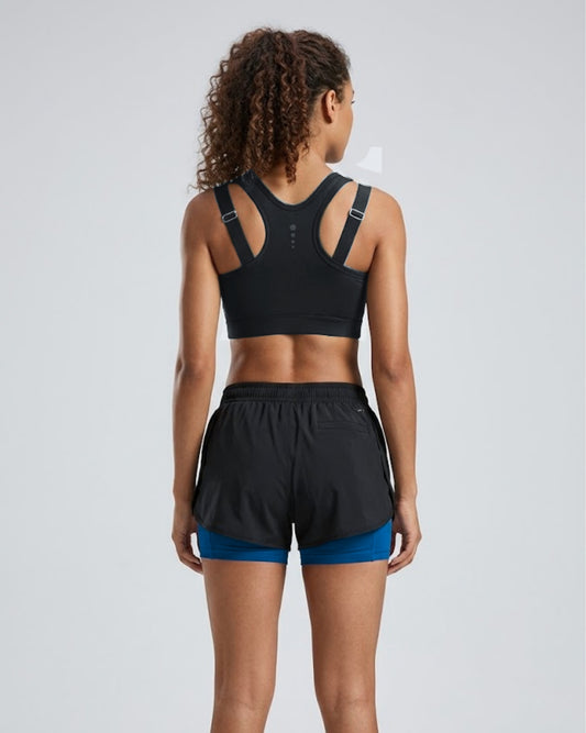 Combo Double Strap Sports Bra Black and Two Layered Shorts Blue