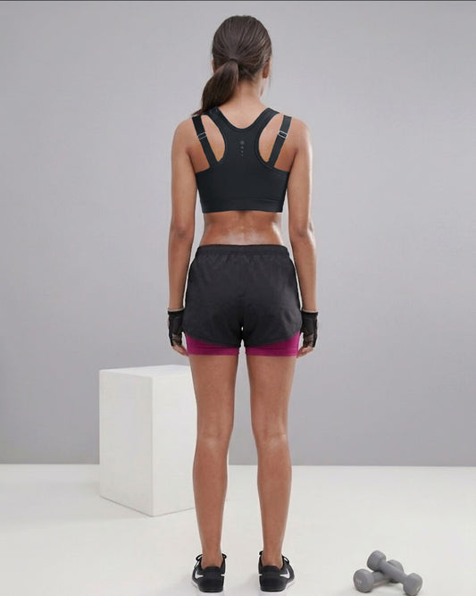 Combo Double Strap Sports Bra Black and Two Layered Shorts Pink
