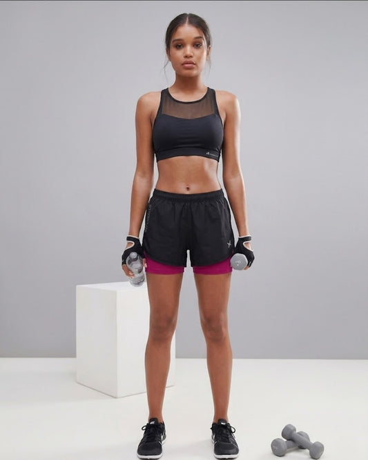 Combo Double Strap Sports Bra Black and Two Layered Shorts Pink